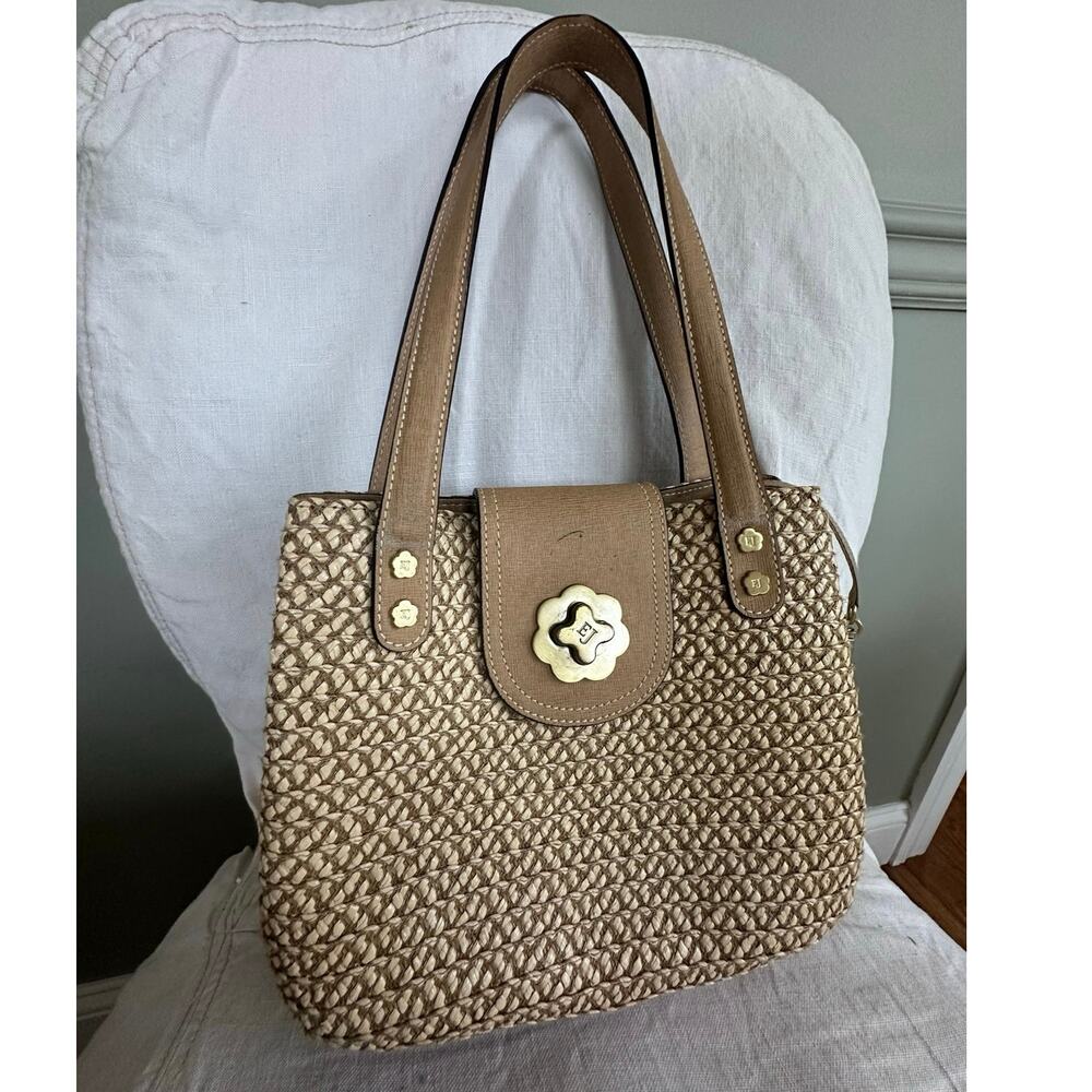 Eric Javits Squishee Tan Straw preppy Handbag Purse clover Turn Lock Designer